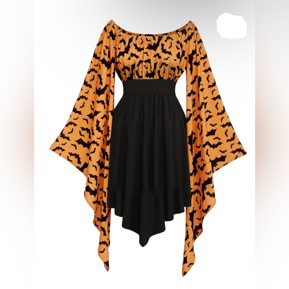 Retro Stage Halloween Bat Print Dress with Flared Sleeves Large
